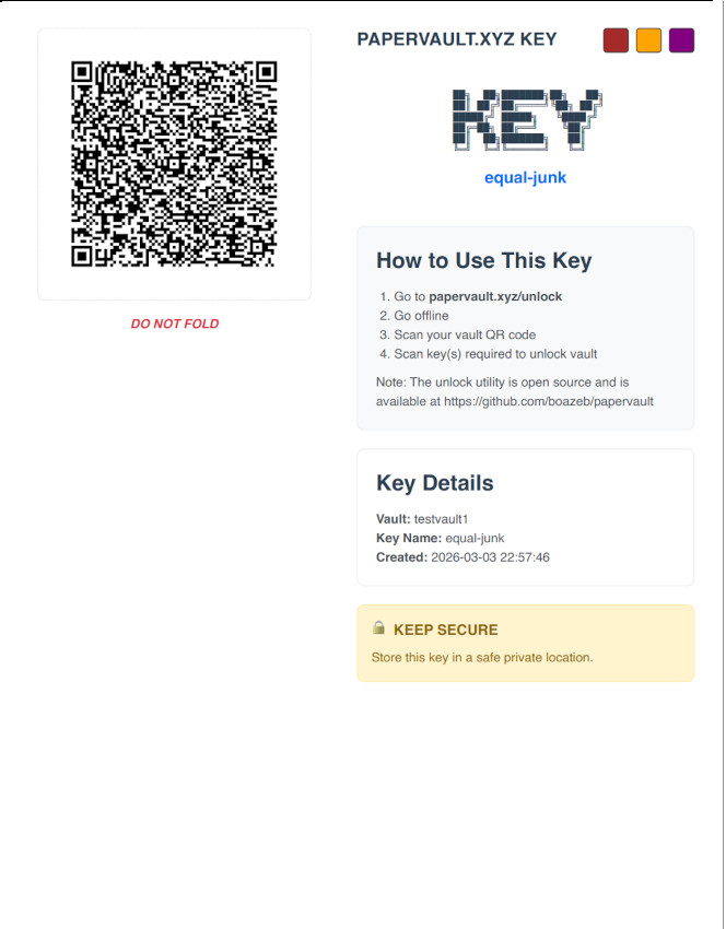 A printed PaperVault KEY page with a QR code and key details