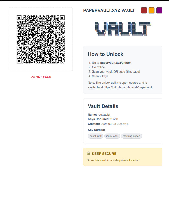 A printed PaperVault VAULT page with a QR code and vault details