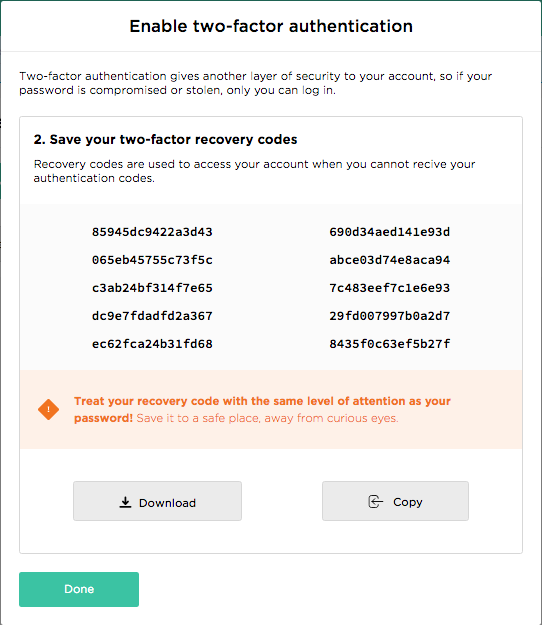 A two-factor authentication setup screen listing ten one-time account recovery codes