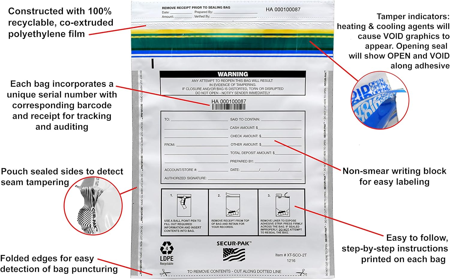 An annotated tamper-evident security envelope: self-sealing closure, serialized numbering, and seam tamper-evidence
